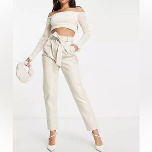 NWOT ASOS Design Croc Leather Look Tie Pants in Ecru-Neutral, size 6